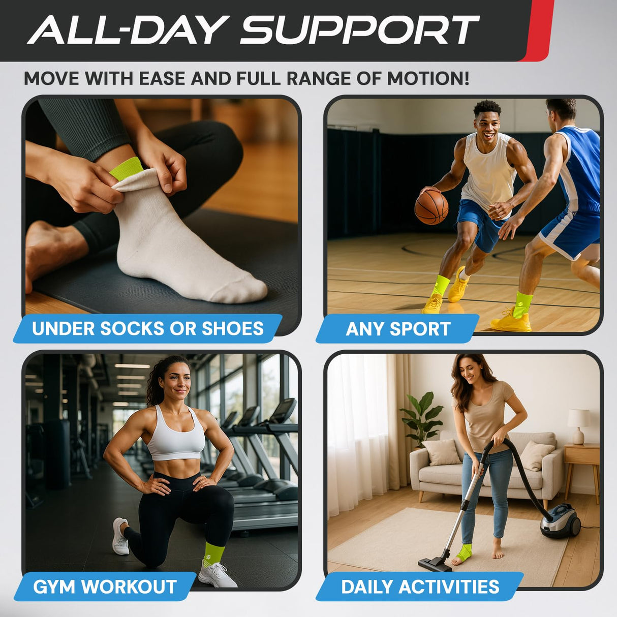 Sleeve Stars Ankle Brace for Women & Men, Ankle Wrap for Sprain, Compression Sleeve for Plantar Fasciitis Relief, Easy Customizable Support: w/ Removable Strap (Single/M:10"-12"/Neon Green)