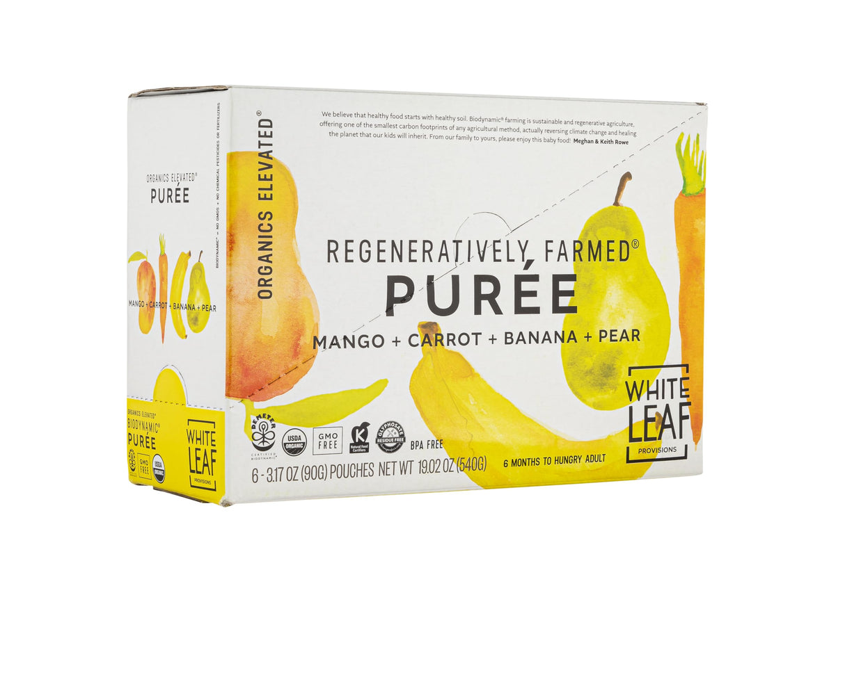 White Leaf Provisions Organic Purees / Baby Food Pouches - Fruits, Veggies & Grains, Toddler snack, Regeneratively Farmed, No Added Sugar, Non-GMO, BPA-Free Pouches 3.17 oz (Pack of 24, Mango + Carrot + Banana + Pear)