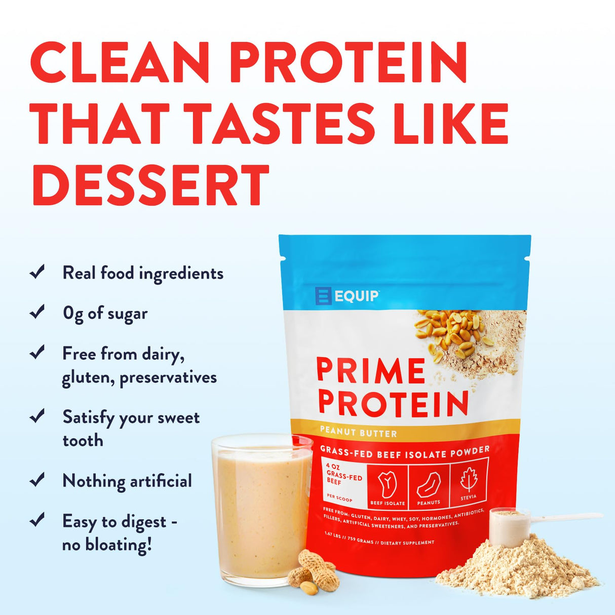 Equip Foods Prime Protein Powder | Clean, Grass Fed Beef Protein Isolate | Carnivore Protein Powder | Paleo, Keto Friendly | Gluten, Dairy Free | 30 Servings, Peanut Butter