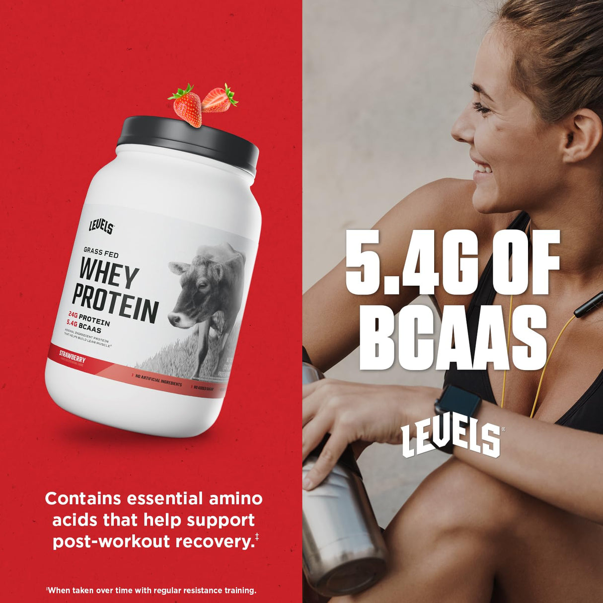 Levels Grass Fed Whey Protein Powder, No Artificials, 24G of Protein, Strawberry, 2LB