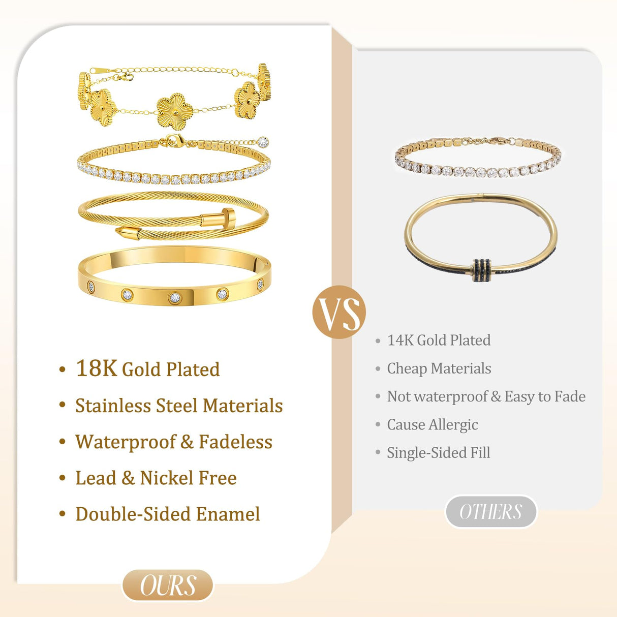 MOINSPIRE 18K Gold Plated Bracelets for Women, Stainless Steel Four Leaf Clover Tennis Nail Love Bangle Bracelets Set, Trendy Stackable Twist Cuff Bracelet Non Tarnish Jewelry Gifts Choice