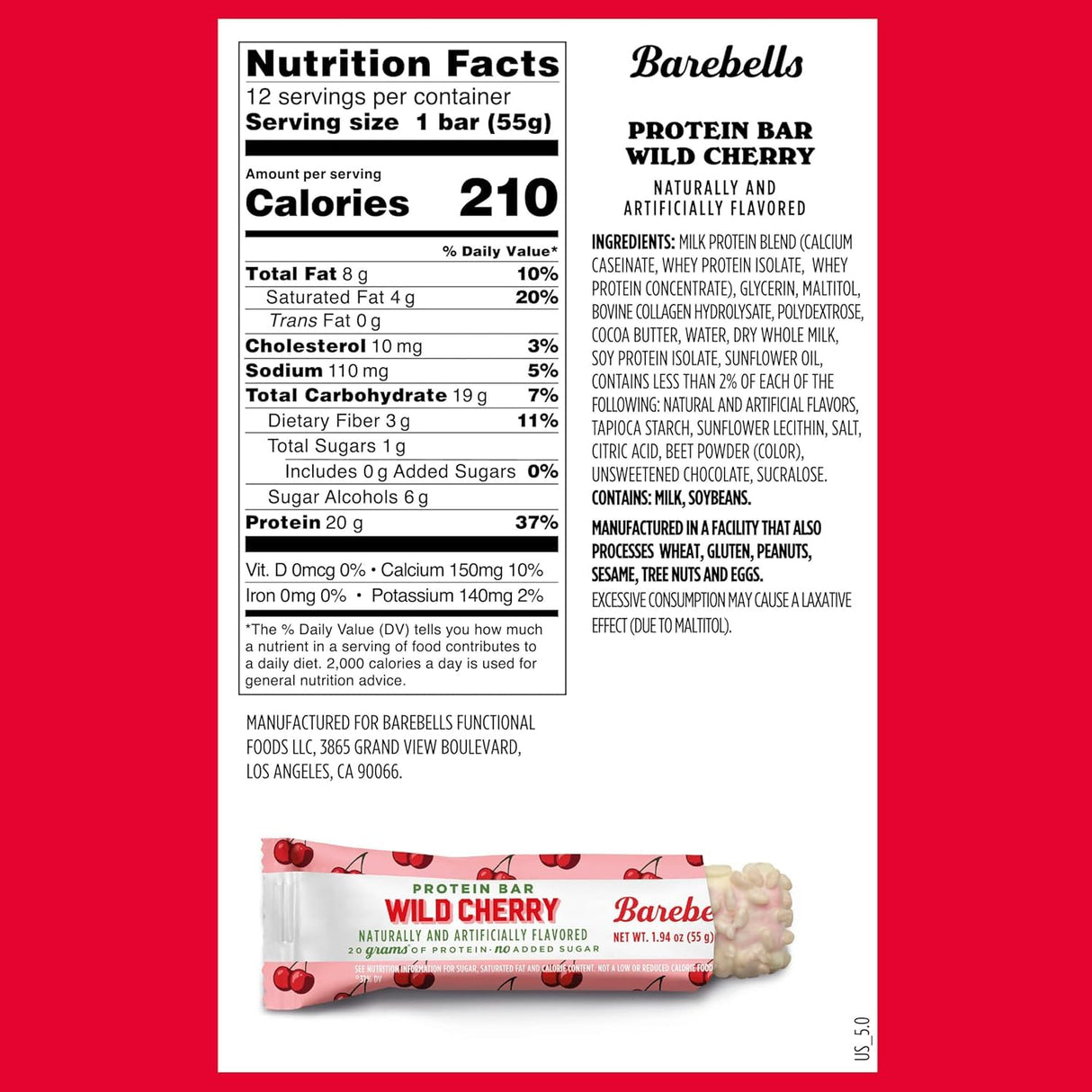 Barebells Protein Bars Wild Cherry - 24 bars (2 Packs of 12) - 1.9oz Bars - Protein Snacks with 20g of High Protein - White Chocolate Protein Bar with 1g of Total Sugars - On The Go Protein Snack & Breakfast Bars