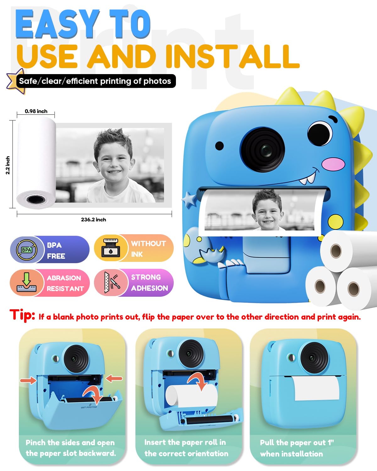 Prysyedawn Kids Camera Instant Print, Christmas Birthday Gifts for Kids Age 3-8, 1080P Digital Camera with Silicone Cover, Toddler Portable Travel Toys for 3 4 5 6 7 8 Year Old Girls Boys-Blue