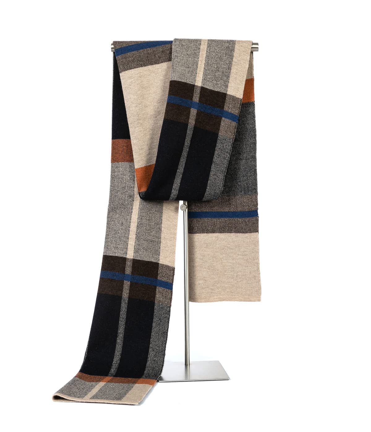 Villand Australian Merino Wool Tartan Knitted Scarf for Men, Plaid Winter Warm Thick Soft Neckwear with Gift Box, 12" W x 70" L (Camel Orange Tartan)