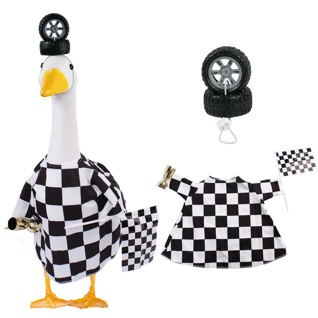 CAMDUCK Porch Goose Outfits Geese Race Car Driver Costume Clothing Racer Jumpsuit Clothes Lawn Goose Racing Suit with Tire Cap Flag Trophy Yard Goose Accessories for Garden Outdoor Decor