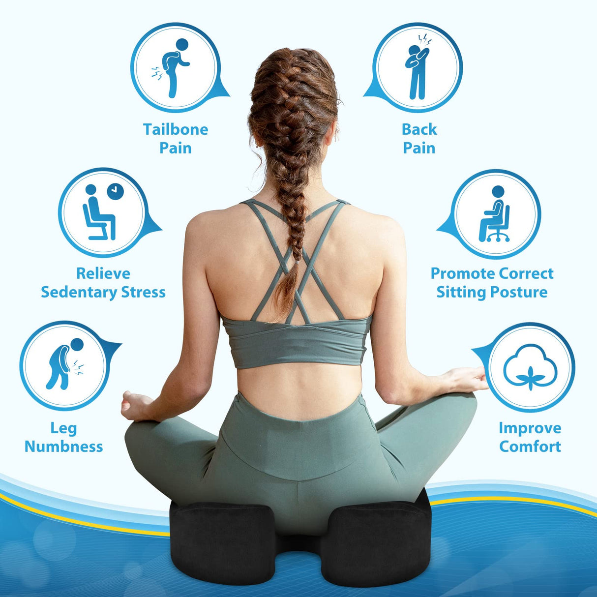 BlissTrends Seat Cushion,5.2in Thick Memory Foam Cushions for Office Chair, Car Seat, Airplane, Relieving Pressure Tailbone Sciatica Back Pain for Long Sitting Office Workers, Car Drivers Black