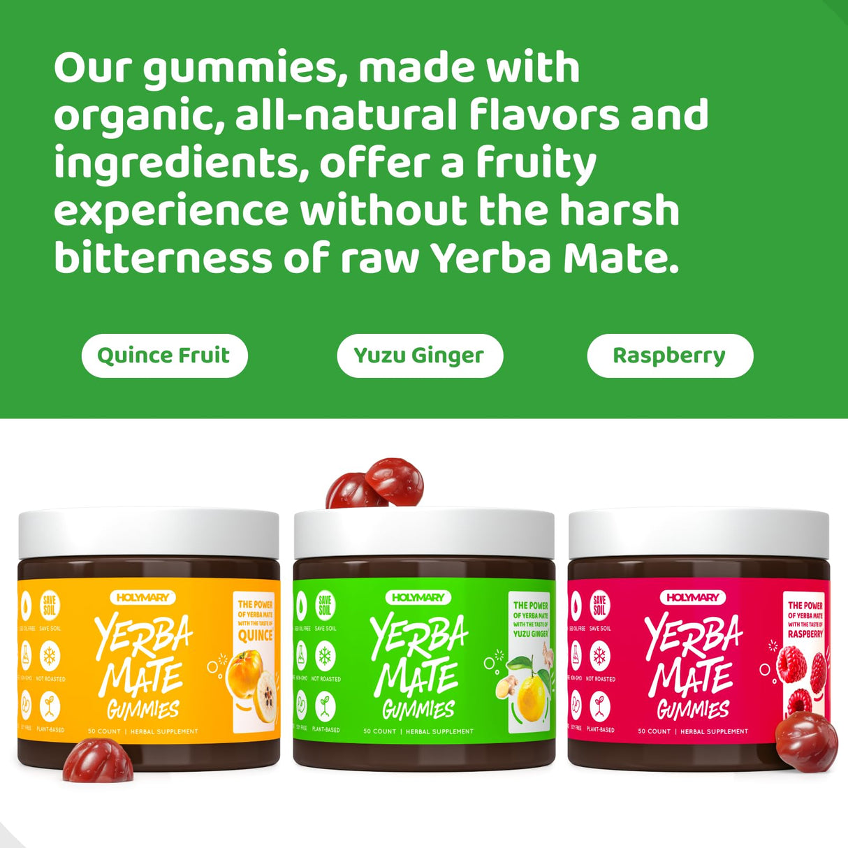 HOLYMARY Yerba Mate Gummies, Raspberry Flavor - Energy, Focus, Power Vegan, Non-GMO, Natural Ingredients, Gluten Free, 50 Delicious Supplement Gummies