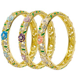 FIVESWEET Trendy 18K Gold Plated Bangle Bracelets Set for Women, Enamel Craft Jewelry-Floral Element , Retro Fashion Palace Style, Zinc Alloy with Rhinestones, 2.4Inch Diameter Fits Most Adults, Perfect Jewelry Gift Idea for Her, Girlfriend, Wife, Mom, Si