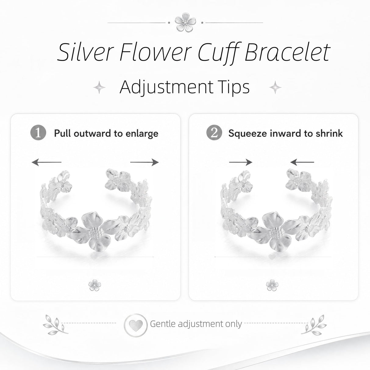 YWMAN Silver Flower Cuff Bracelet, Metallic Floral Chunky Bracelet for Women (Flower 1)