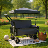ZeHuoGe 3-in-1 Folding Wagon Cart with Bench Seat & Canopy & Storage, 500lbs Heavy-Duty, 180L Capacity, All-Terrain Wagon for Camping, Beach, Sports, & Garden (Gray)
