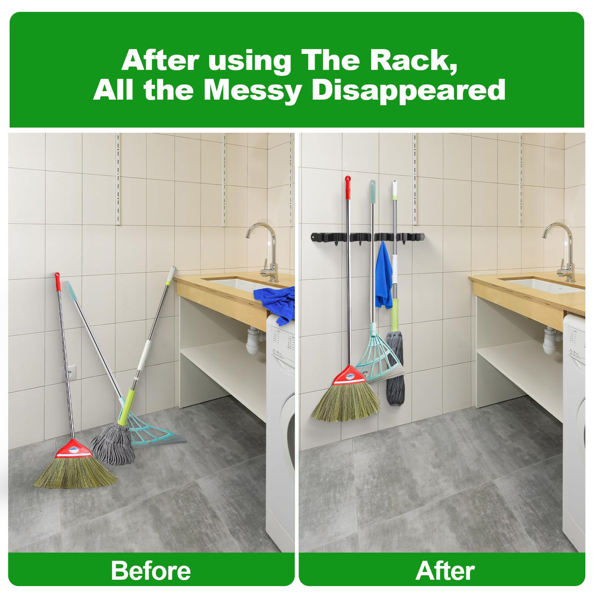 voze 5 Racks and 4 Hooks Mop and Broom Holder Wall Mount, Self Adhesive Heavy Duty Broom Hanger Organizer Storage Tool Racks for Kitchen Garden Laundry Garage Black