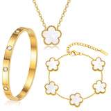 Gold Bracelets Necklace Jewelry Set - 3Pcs 18K Gold Plated Floral Bracelet,Waterproof Stainless Steel Bangles, Non-Tarnish Necklaces Daily Fashion Minimalist Jewelry,Valentines Birthday Gift for Women