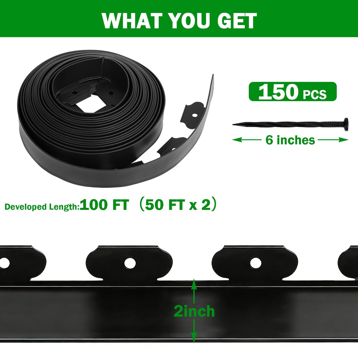 Tegarbed No Dig Landscape Edging 2 Inch x 100 FT, Heavy Duty Flexible Plastic Garden Border with 150 Spiral Spikes, Lawn Edging for Flower Beds, Walkways, Tree Rings, Mulch Beds and Landscaping, Black