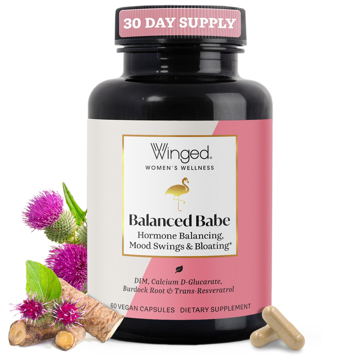 Winged Wellness Balance Babe, Hormone Balance & Estrogen Detox Supplement for Women - 100mg DIM & Calcium D-Glucarate & Milk Thistle for PMS Bloating, Cramps, Mood & Hormonal Acne Support, 60 Capsules