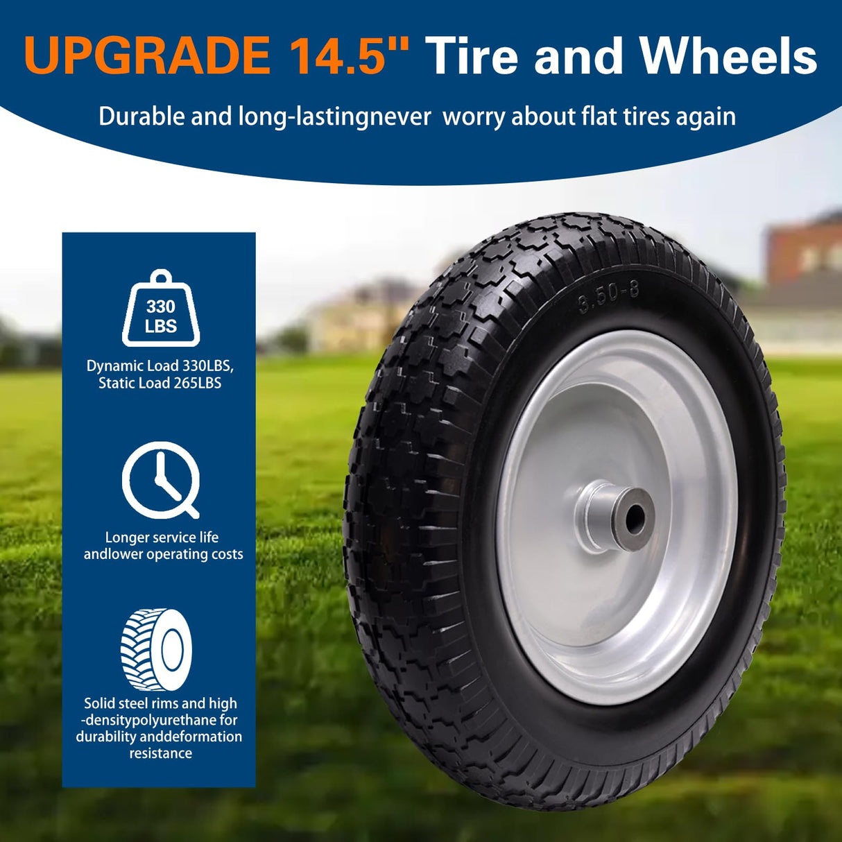 Sutmorly 4.80/4.00-8 Tire, 14.5" Flat Free Wheelbarrow Tire and Wheel, 5/8" 3/4" Bearings Solid Replacement Tires, 3" -7" Centered Hub, Universal Fit 3.50/3.00-8, 4.00-6 Trolley Dolly Go Kar, 2 Pack