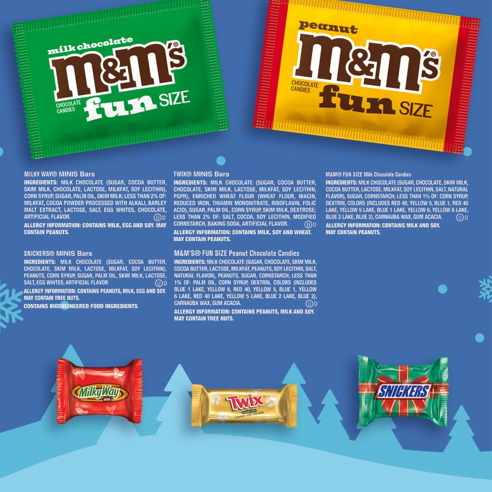 M&M'S Milk Chocolate & Peanut, SNICKERS, TWIX & MILKY WAY Fun Size Mini Chocolate Candy Variety Pack, Christmas Candy Individually Wrapped Stocking Stuffers, 160-Piece Bulk Bag