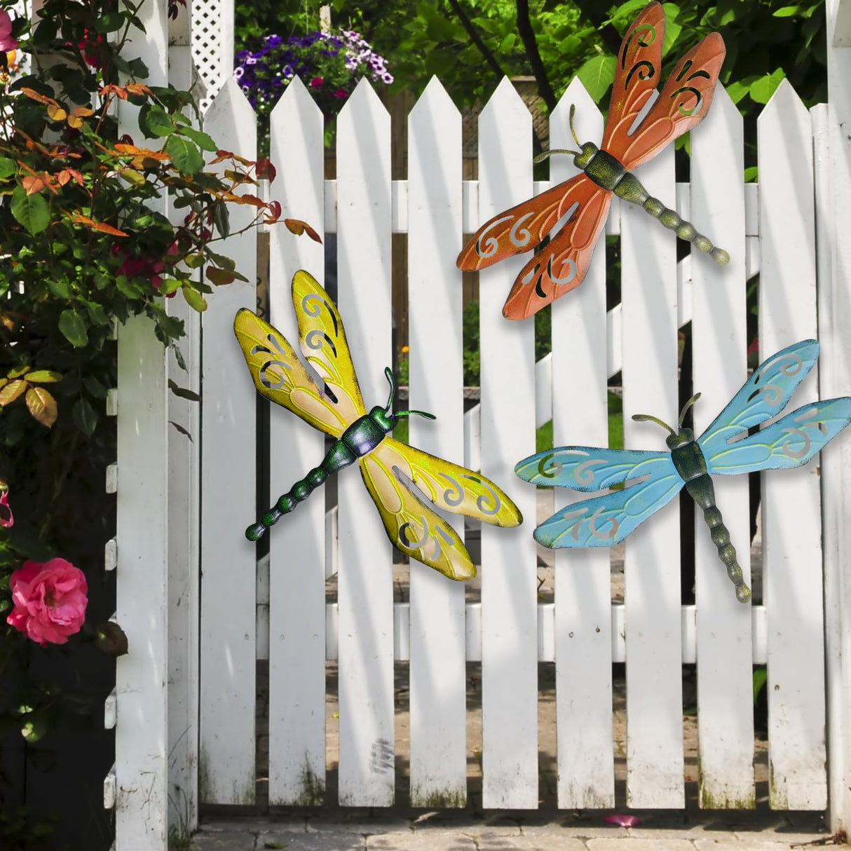 PLASUPPY Metal Dragonfly Wall Decor Outdoor Garden Fence Art Hanging Decorations for Patio, Yard, Indoor Home, Living Room, Bedroom, 3 Pack (Large)