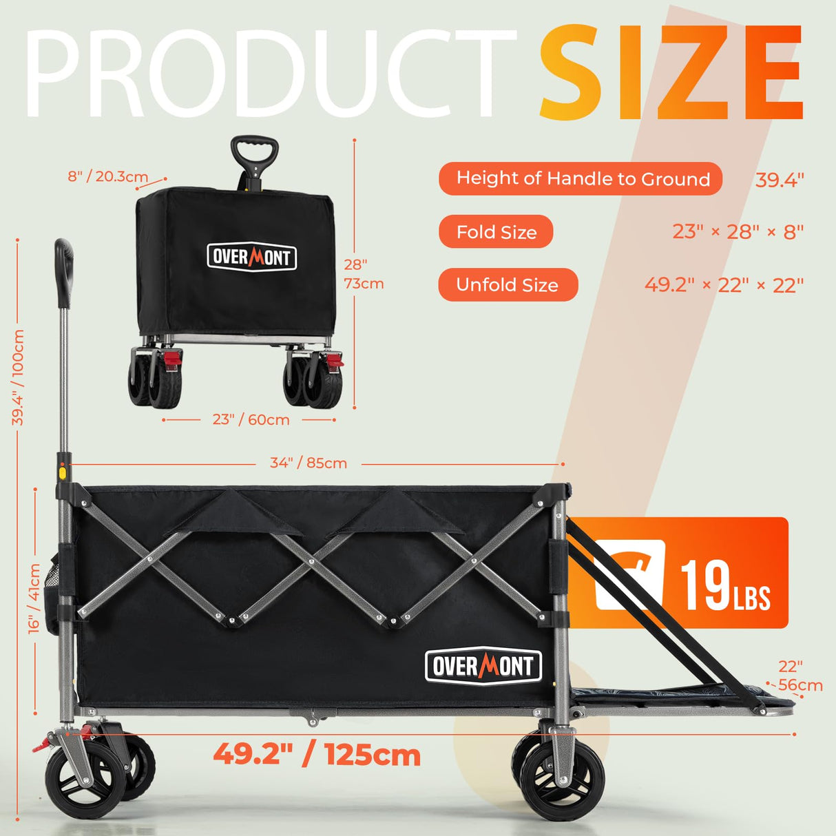 Overmont 200L Collapsible Wagon with Tailgate, 300 lb Heavy Duty Cart