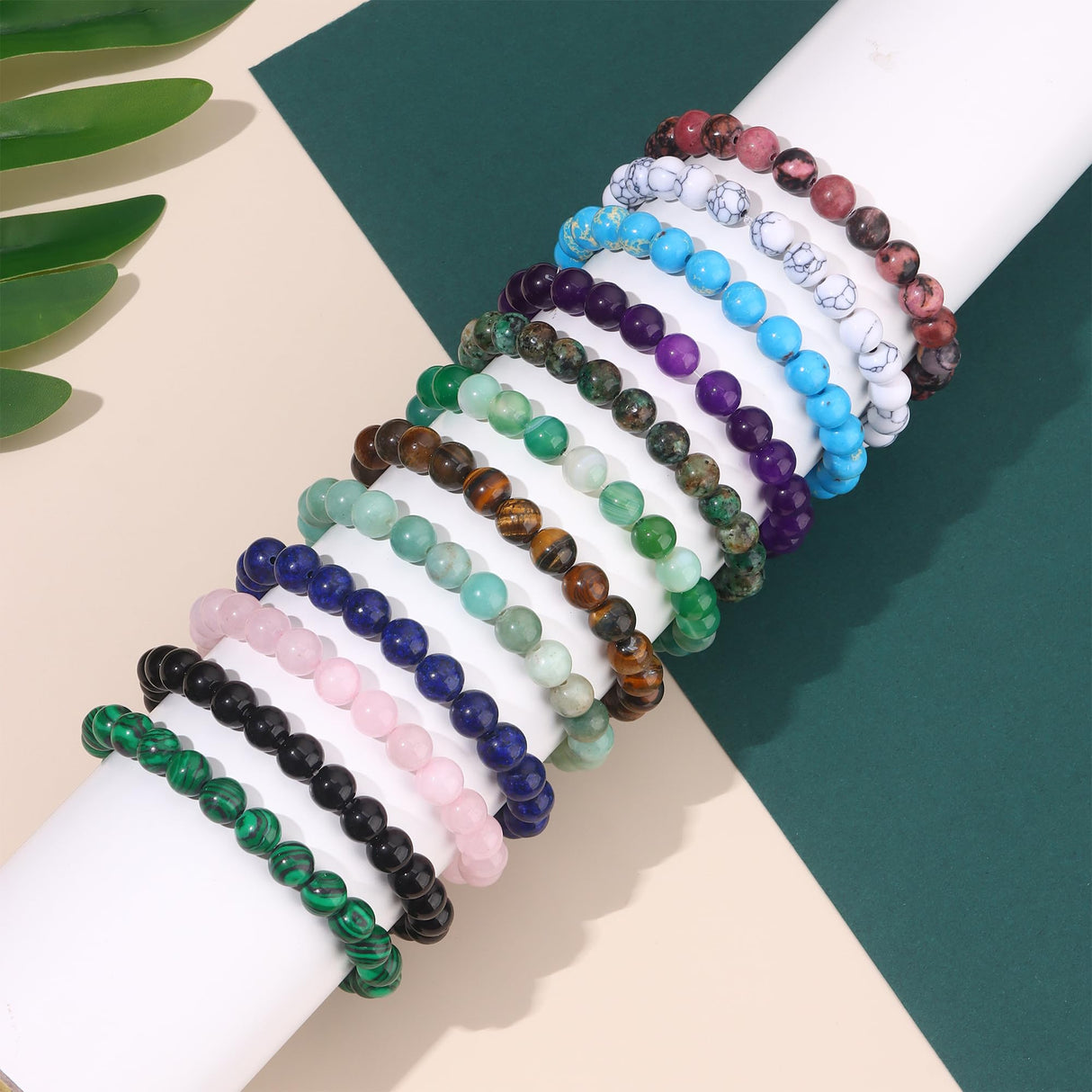 FIRAZIO 12Pcs Natural Stone Beaded Bracelets for Women Men Semi-Precious Gemstones Bracelets Crystal Bracelet Unisex Adjustable Stretch Bracelets (8MM)