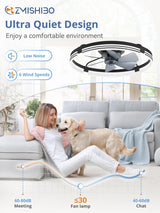 ZMISHIBO 24 Inch Low Profile Ceiling Fans with Lights and Remote, 3000K-6000K Dimmable Fandelier LED Fan Light, Flush Mount Ceiling Fan with Light, 6 Wind Speeds Ceiling Fans for Bedroom- Black