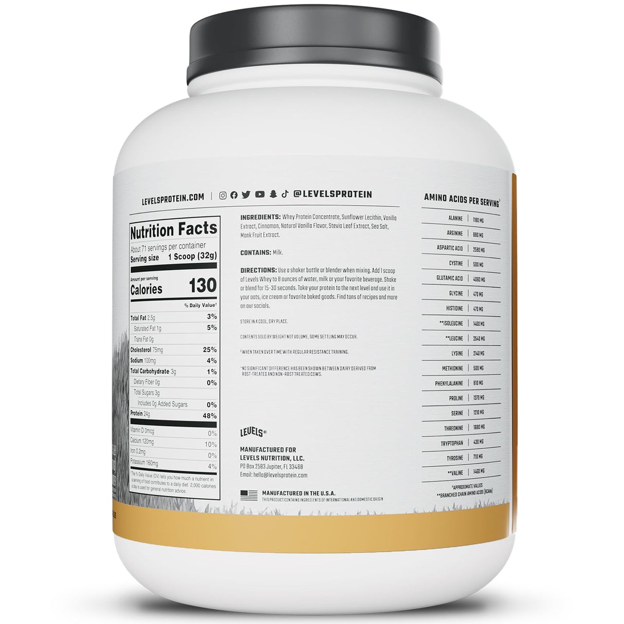 Levels Grass Fed Whey Protein Powder, No Artificials, 24G of Protein, Vanilla Cinnamon, 5LB
