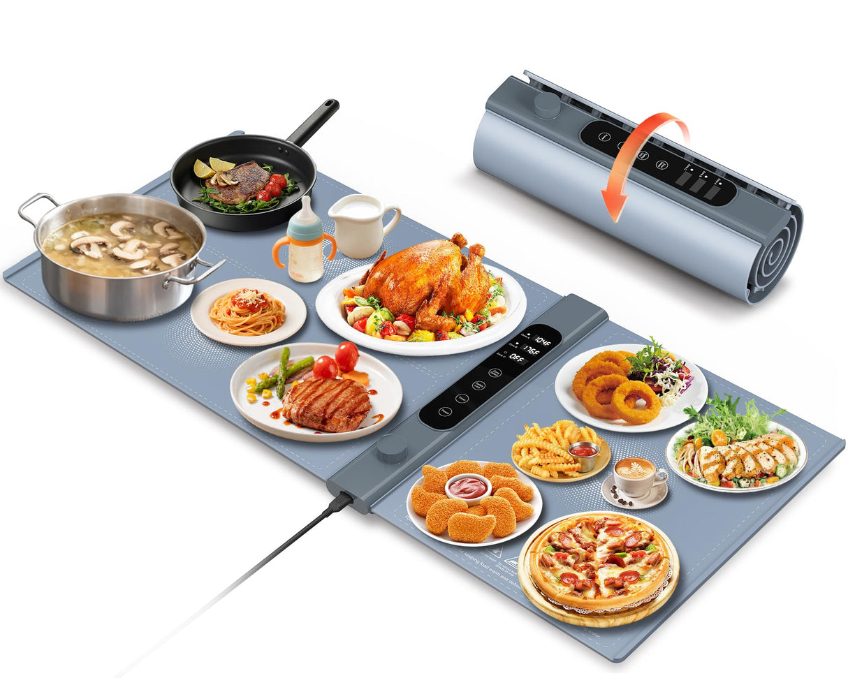 3-Zone Independent Warming Mat for Food 40"x17" XXL, Food Warming Mat with 17 Precise Temp Levels & 1–6H Timer, Heating Mat for Food, Silicone Roll-Up Food Warmer & Warming Tray for Party Buffets