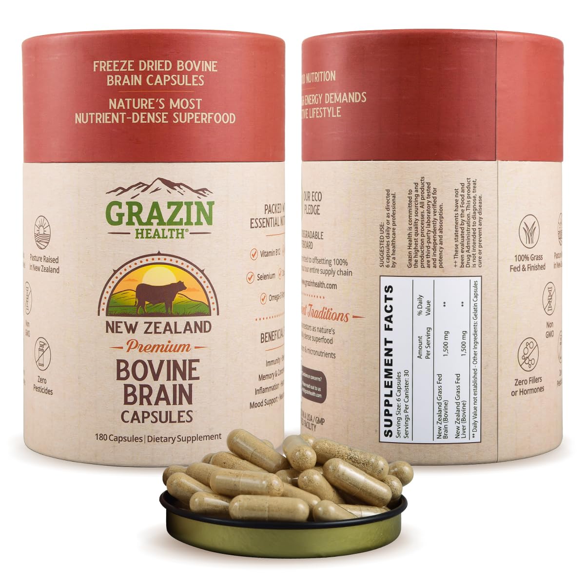 GRAZIN HEALTH - Beef Brain Capsules: 1500 Mg Brain/ 1500 Mg (30 Servings)