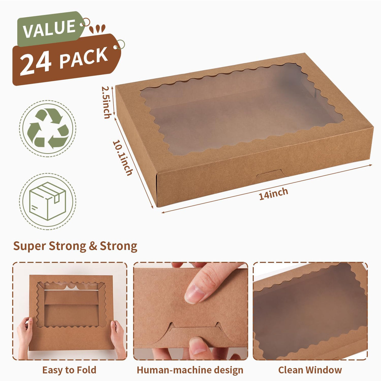PFAMKEER 24 pcs Cookie Boxes,14x10x2.5 Inch Large Bakery Boxes with Window for Pies Chocolate Strawberries Muffins Donuts Pastry Dessert Christmas(Brown) (Brown, 14 * 10 * 2.5inch/24pcs)