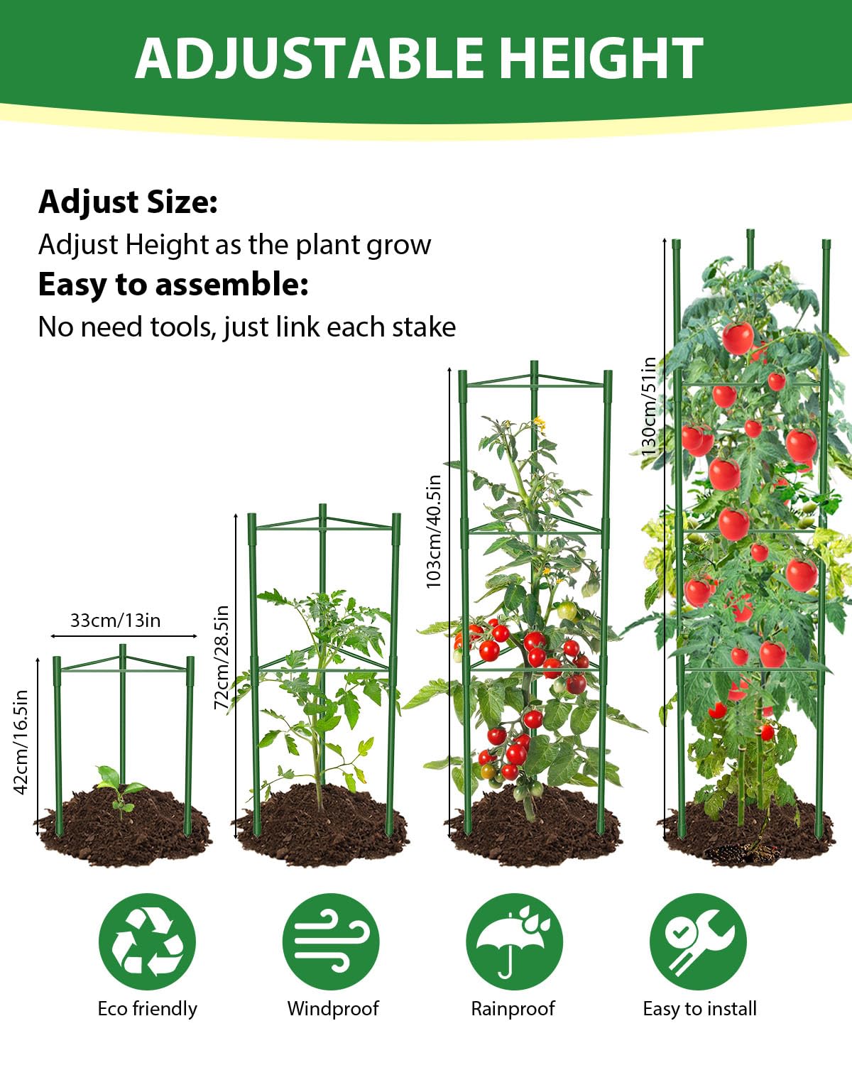 MYMULIKE 6 Pack Tomato Cages for Garden, 51in*13in Adjustable Tomatoes Plant Stakes Support Cages Trellis, Garden Trellis for Vegetable Flowers Fruits Climbing Plants- 20 Binding Wires Included