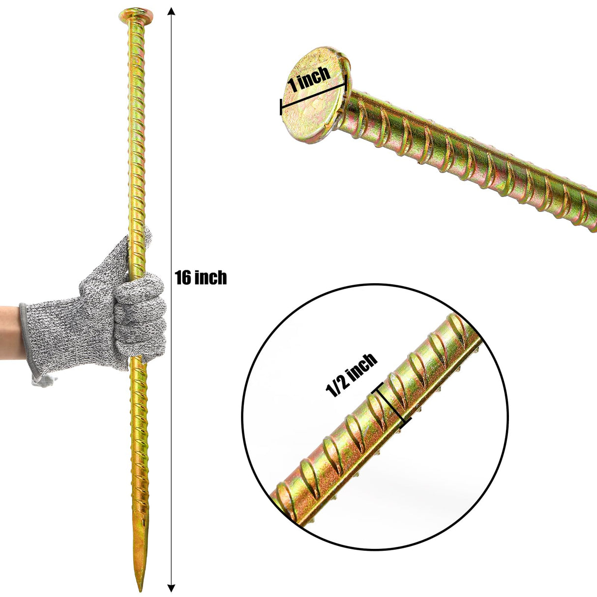 Hacaroa 10 Pack 16 Inch Rebar Stakes, Galvanized Steel Ground Anchors 1/2 Inch Diameter, Metal Garden Spikes Heavy Duty for Speed Bump, Wheel Stop, Tent, Garden Bed, Plant Support