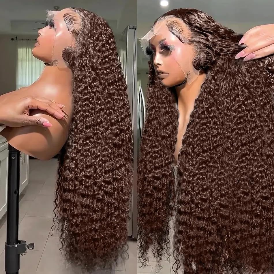 Aonou 200% Density Chocolate Brown Deep Wave Lace Front Wigs Human Hair 13x6 Deep Curly Human Hair Wigs for Women HD Transparent Lace Frontal Wet and Wavy Wigs Pre Plucked 100% Virgin Hair 28inch