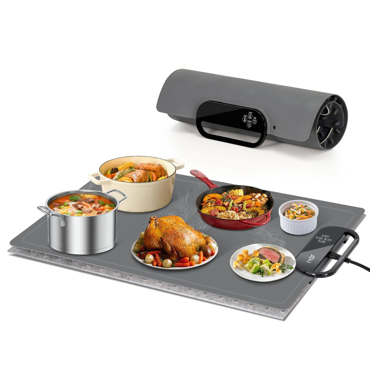 Food Warming Mat – Fast Heating Electric Warming Tray with 7 Temp Settings, 11-Hour Timer & Auto Shut-Off, Foldable Silicone Mat with Child Lock, Portable Warming Pad for Buffets, Holidays – Gray