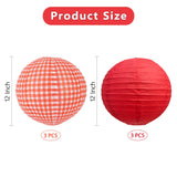 BEISHIDA Red White Plaid Round Paper Lanterns Decorative Hanging Asia Chinese Japanese Paper Lanterns Lamp for Birthday Wedding Baby Bridal Shower Home Decor Party Decoration（6Packs）