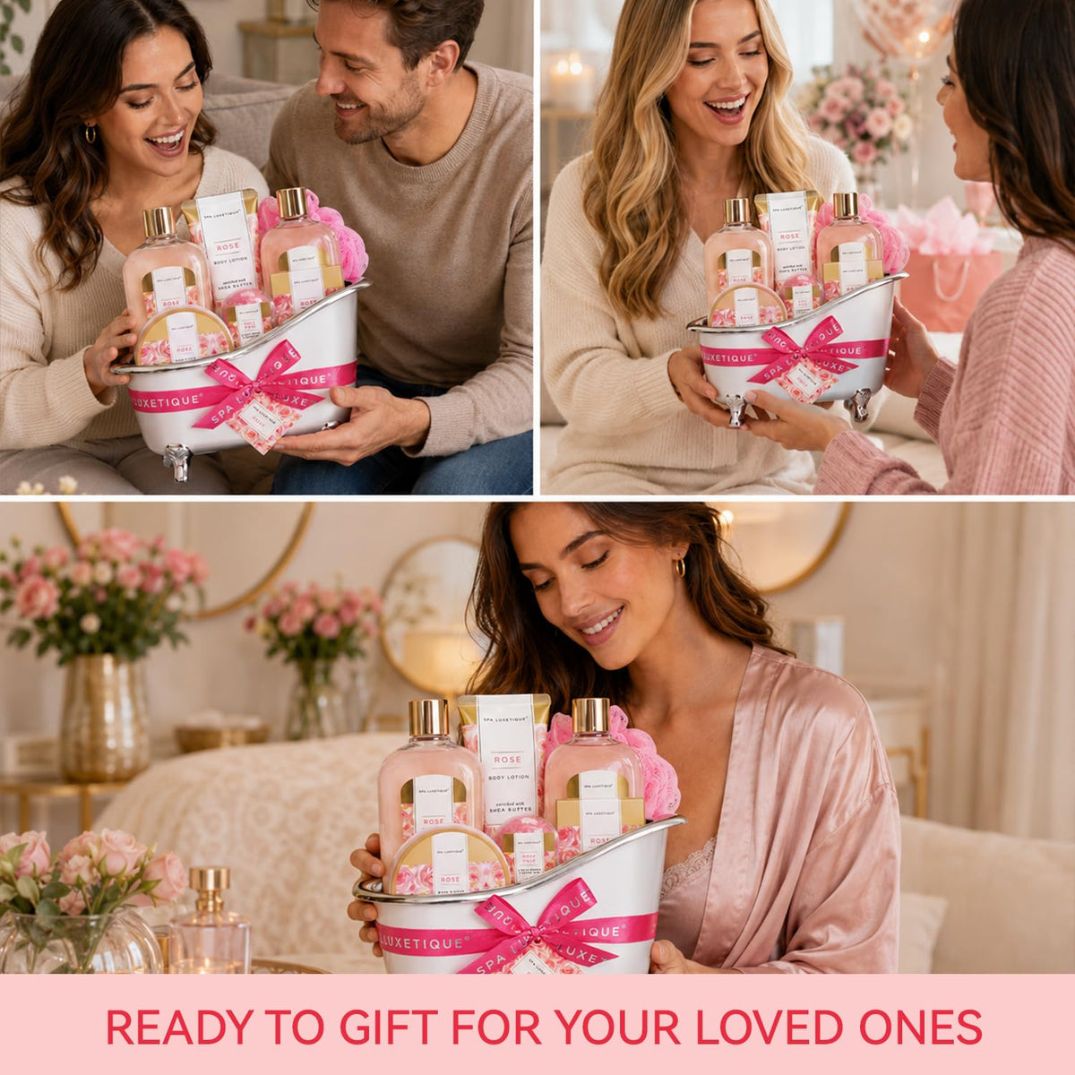 spa luxetique Gift Set for Women, Bath Sets for Women Gift, 8 Pcs Rose Spa Basket Includes Bubble Bath, Shower Gel, Body Lotion, Mom Birthday Gifts, Christmas Gifts for Her