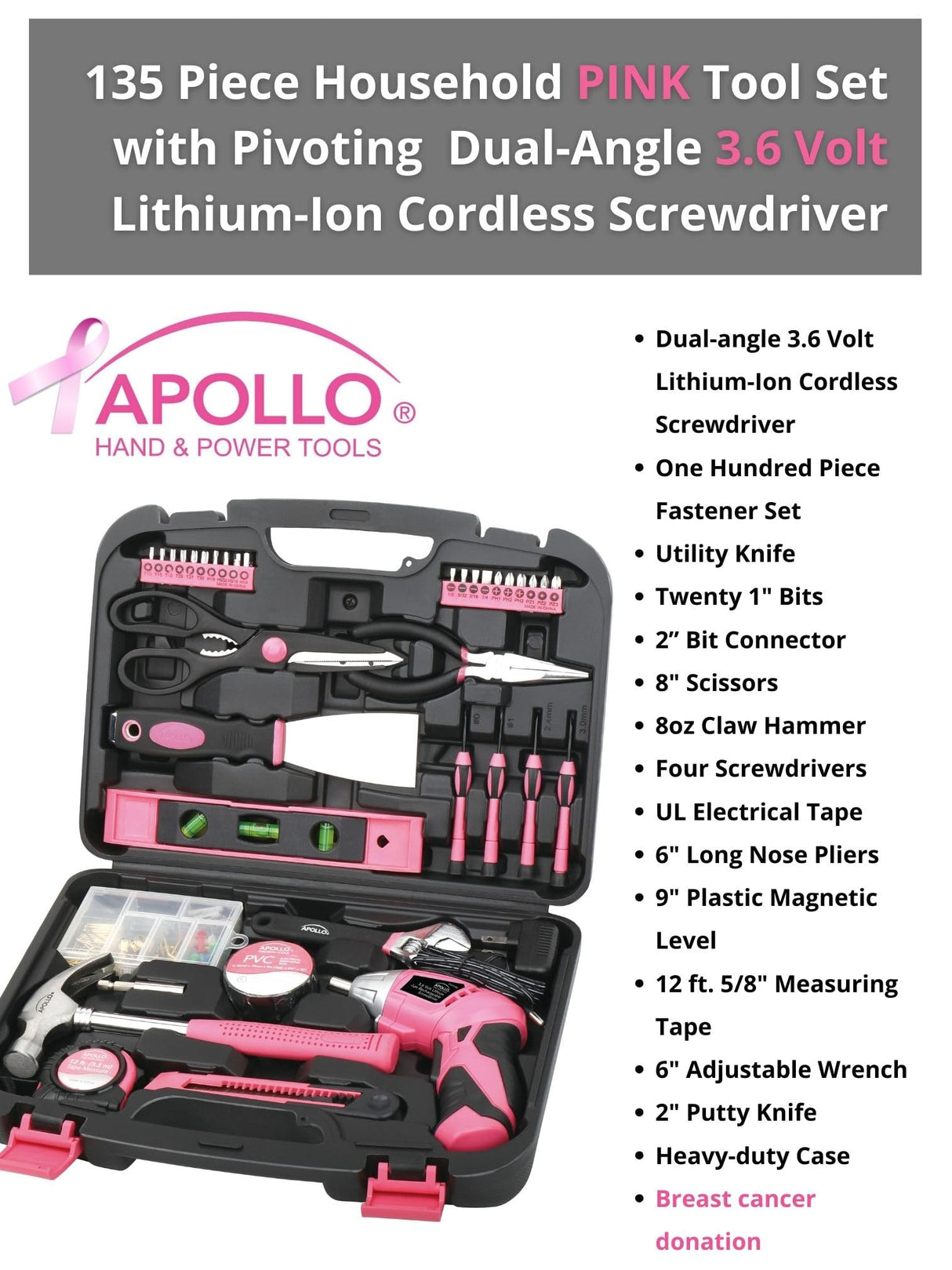 Apollo Tools 135 Piece Household Pink Hand Tools Set with Pivoting Dual-Angle 3.6 V Lithium-Ion Cordless Screwdriver - DT0773N1