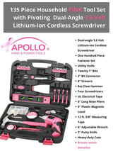 Apollo Tools 135 Piece Household Pink Hand Tools Set with Pivoting Dual-Angle 3.6 V Lithium-Ion Cordless Screwdriver - DT0773N1