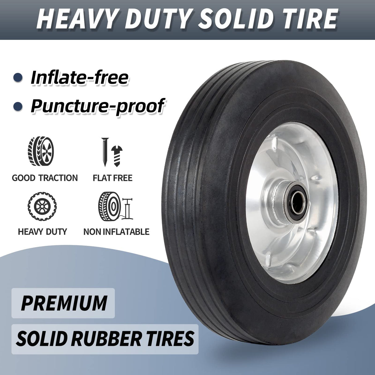 GICOOL 10" x 2.5" Flat Free Solid Rubber Tire with 5/8" Axle Bore Hole, 2 1/4" Hub, Replacement 4.10/3.50-4" for Hand Truck Dolly Trolley Garden Wagon Cart Generator, 2 Pack