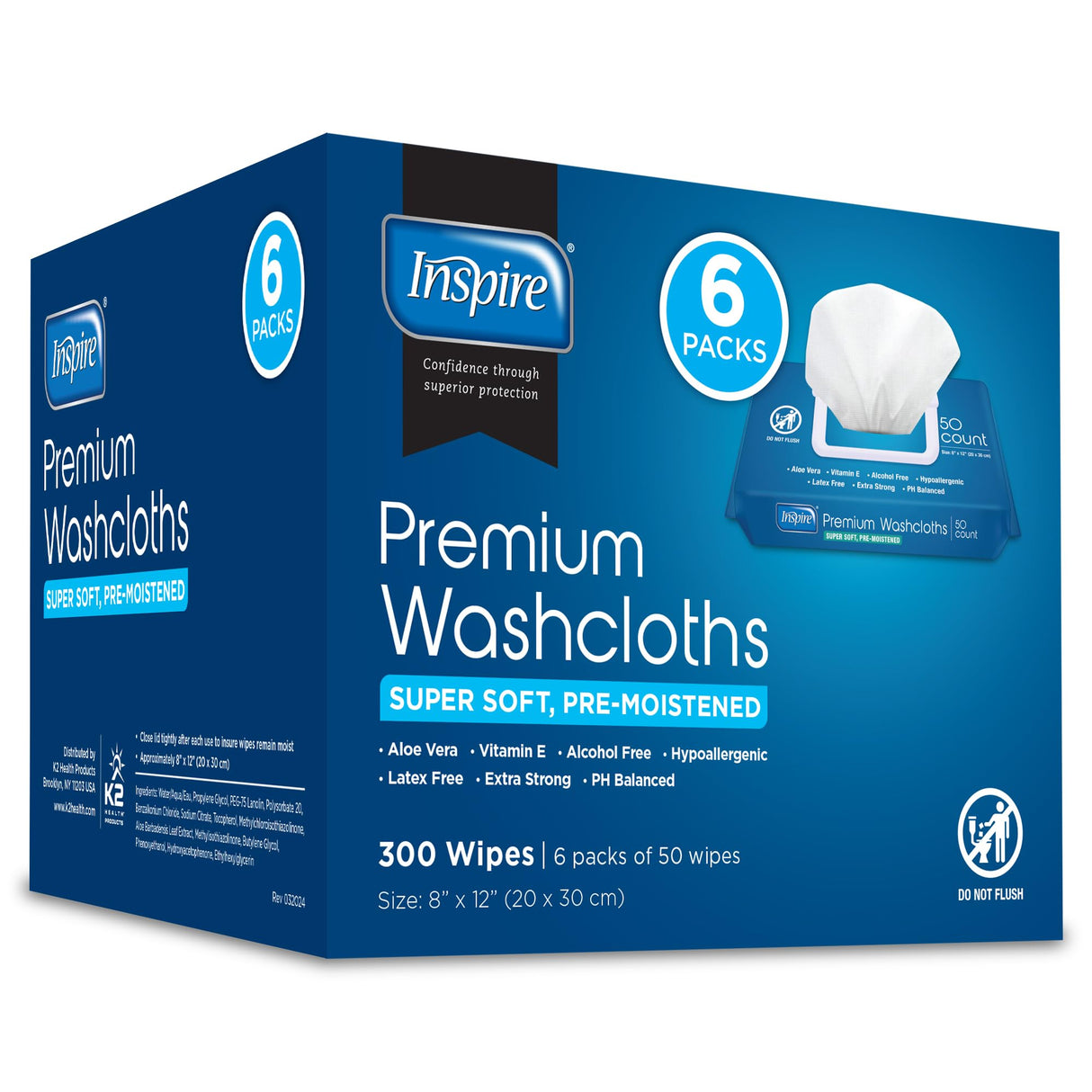 Inspire Adult Wet Wipes, Wash Cloths, Incontinence & Cleansing for Elderly Extra Large, 8"x12" (300 count)