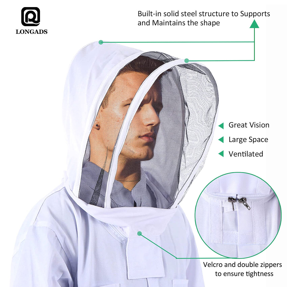 LONGADS Professional Bee Suit for Men Women, Beekeeping Suit Beekeeper Suit with Glove &Ventilated Hood, Multi-Size Bee Outfit for Backyard and Bee Keeper for Bee Keeper Catcher Christmas Costume