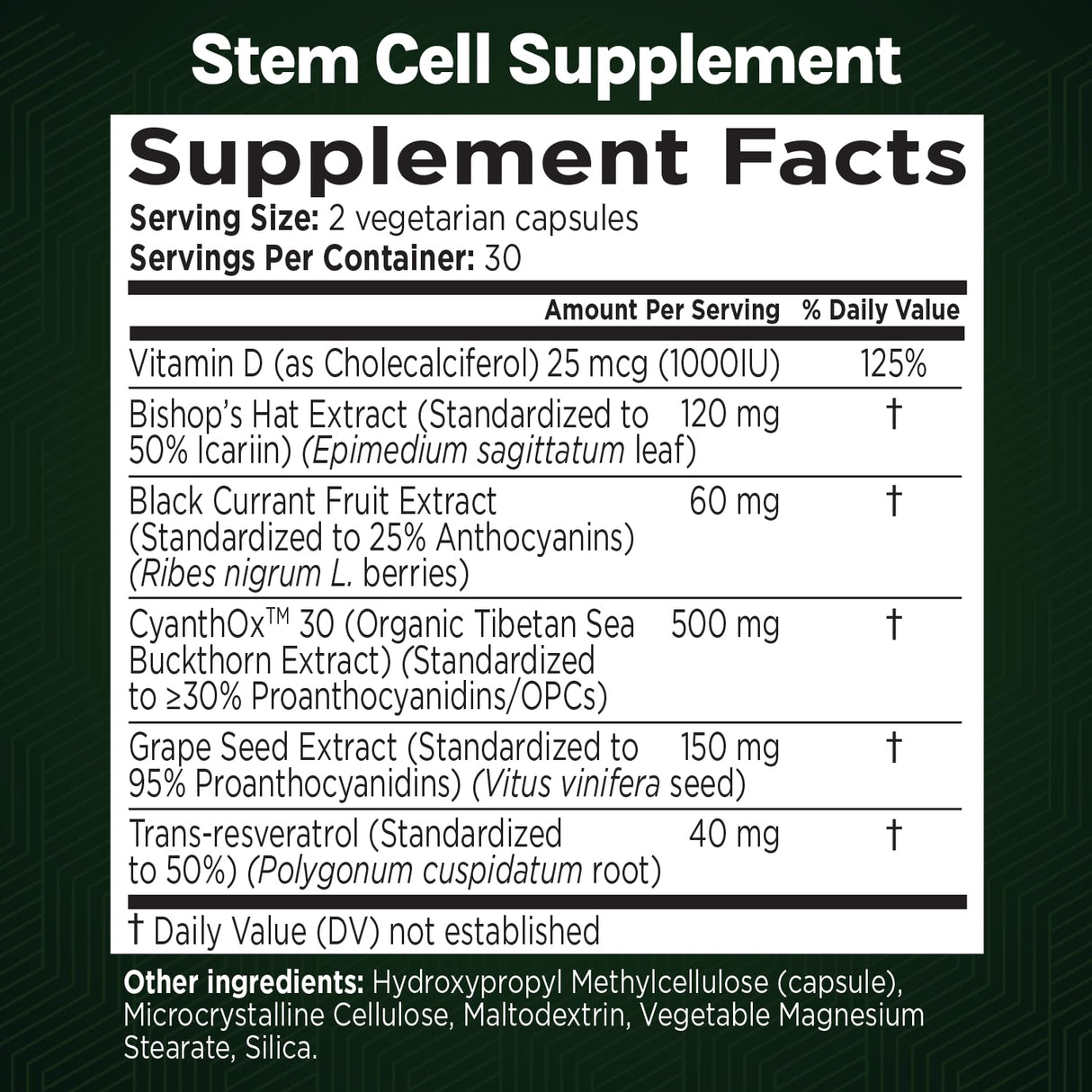 GREEN VALLEY NATURALS Stem Cell Supplement - Organic Tibetan Sea Buckthorn-Resveratrol, Vitamin D, Bishop's Hat Extract (1 Bottle, 60 Count)