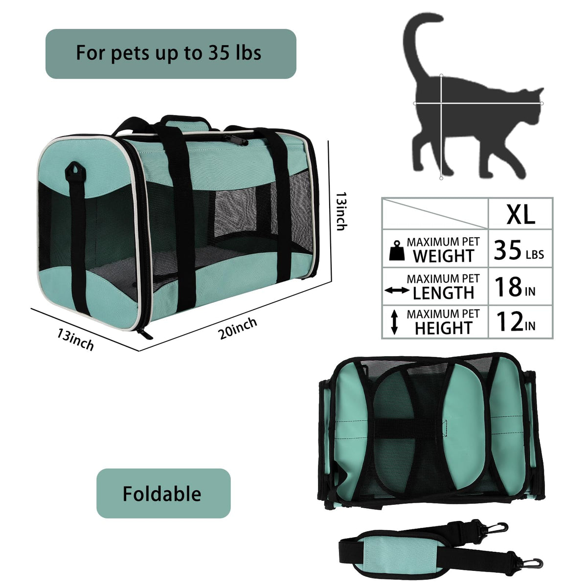 Cat Carrying Case - Pet Carrier, Up to 30Lbs Soft Sided Protable and Breathabl Pet Travel Carrier, Pet Travel Carrier Removable Fleece Pad, Collapsible for Large Cats Small Dogs(X-Large, Green)