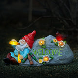 Elegondrar Funny Garden Gnomes Statue with Welcome, Solar Outdoor Gnomes Decorations for Yard, Patio, Lawn, Christmas Birthday Housewaming Gifts, for Dad, Men, Husband, Grandpa, 11.8 Inch, Resin