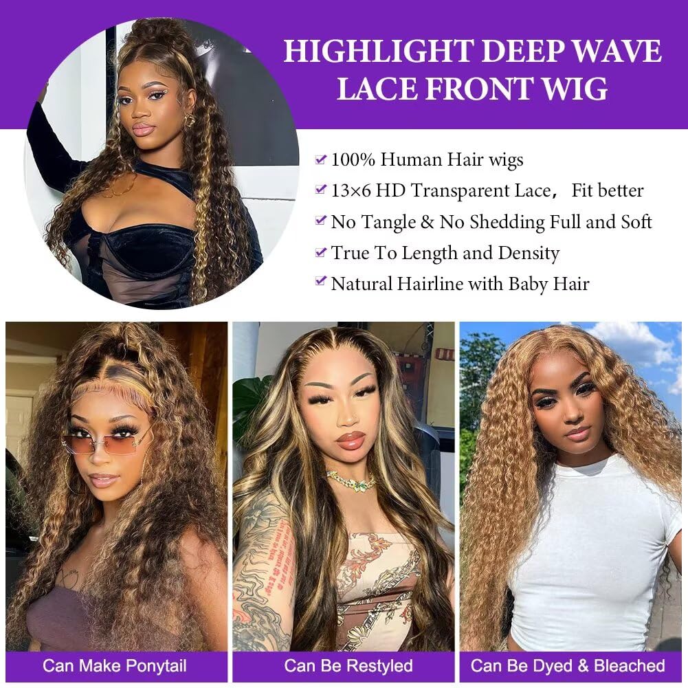 Highlight Deep Wave Lace Front Wigs Human Hair 28 Inch 13x6 HD Transparent Lace Front Wigs 200 Density 4/27 Ombre Honey Blonde Curly Wig for Women Pre Plucked with Baby Hair