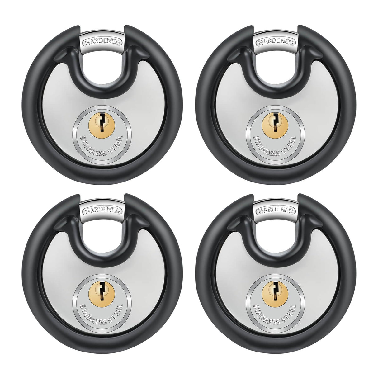 DAYGOS Heavy Duty Padlock with 8 Keys, 70mm Disc Keyed Lock for Storage Shed, Garage, Storage Lockers, Sliding Doors, Tool Box, and Cabinets (4 Pack Keyed-Alike, 3/8-Inch Shackle, Rubber Bumper)