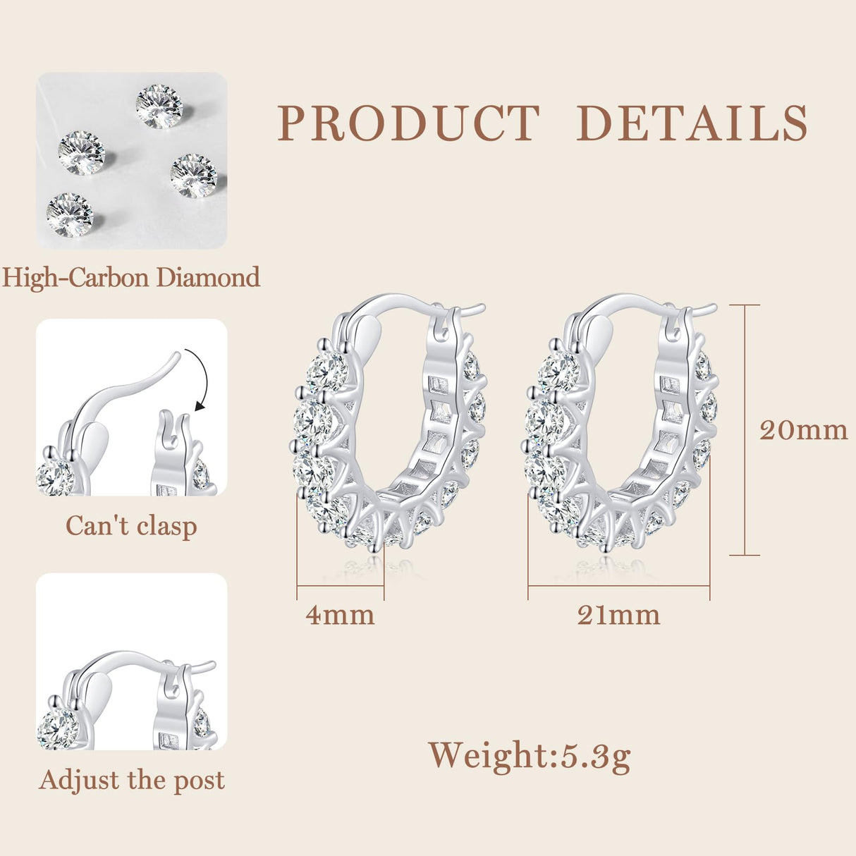 GIRIOIZ Sterling Silver Huggie Hoop Earrings, Simulated High Carbon Diamond (White Gold)