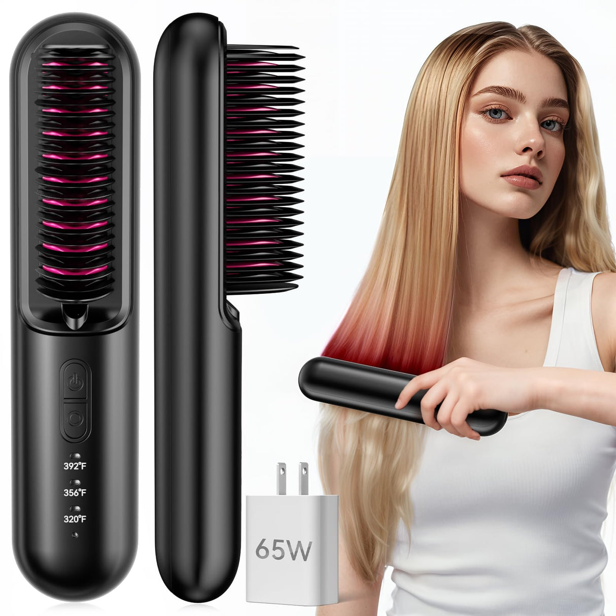 Cordless Hair Straightener Brush with 6500mAh Fast Charge Dual Mode (Cord-in-use & Cordless), 200 Million Negative Ions Portable Travel Straightener, 30s Heat-Up Mini Hair Straightening Comb for Woman