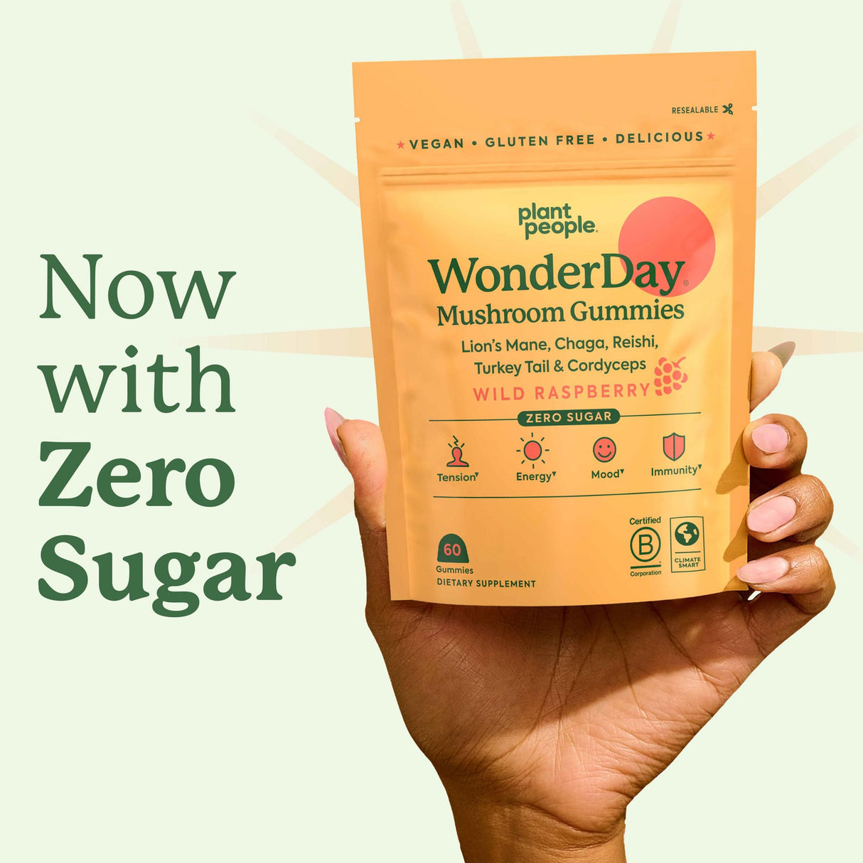 Plant People WonderDay Mushroom Gummies - Lion’s Mane, Cordyceps, Chaga Mushroom Supplement to Support Immune System De-Stress Boost Mood & Energy in Adults Natural, Vegan, Non-GMO (60 Count)