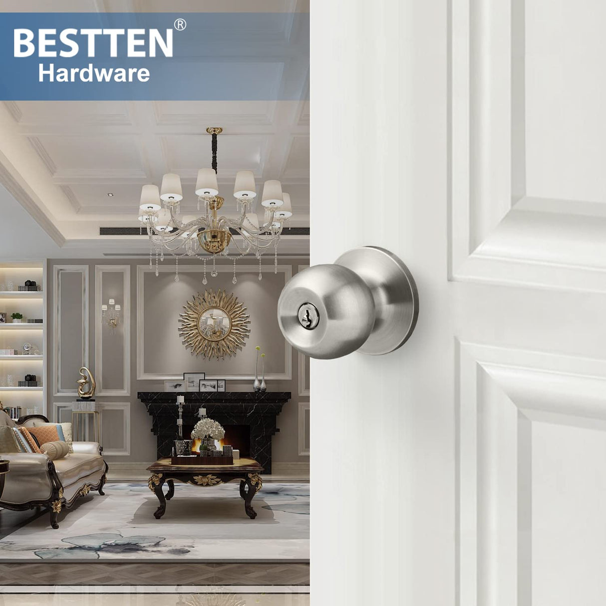 BESTTEN [2 Pack] Entry Door Knob with Lock, Keyed Different Door Lock for Exterior Door and Front Door, Standard Ball, Satin Nickel
