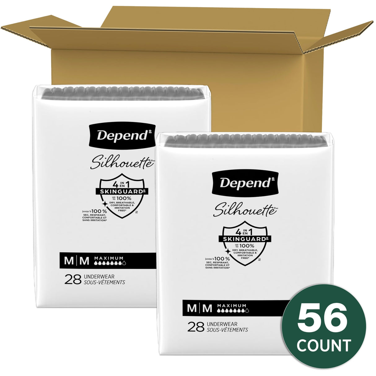 Depend Silhouette Adult Incontinence & Postpartum Bladder Leak Underwear for Women, Maximum Absorbency, Medium, Black, 56 Count (2 Packs of 28), Packaging May Vary