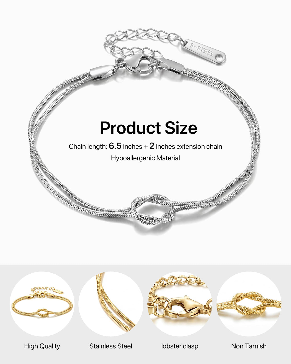 UVGVA Gold Silver Love Knot Bracelet, 18K Gold Plated Bracelets for Women